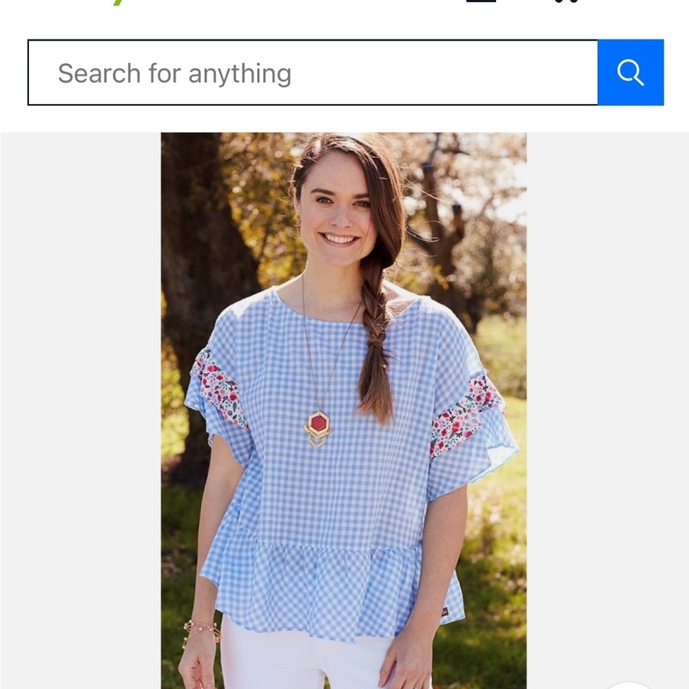 Matilda Jane Rural Route Blue Seersucker Peplum Gingham Women’s w Floral Accents - Picture 2 of 5